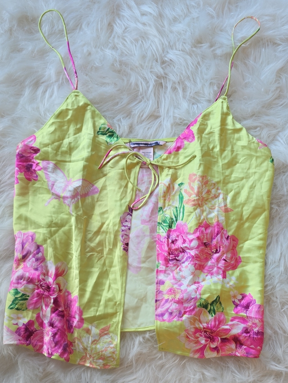 Victoria's Secret Lime Green Pink Floral Satin Cami Top SIZE S